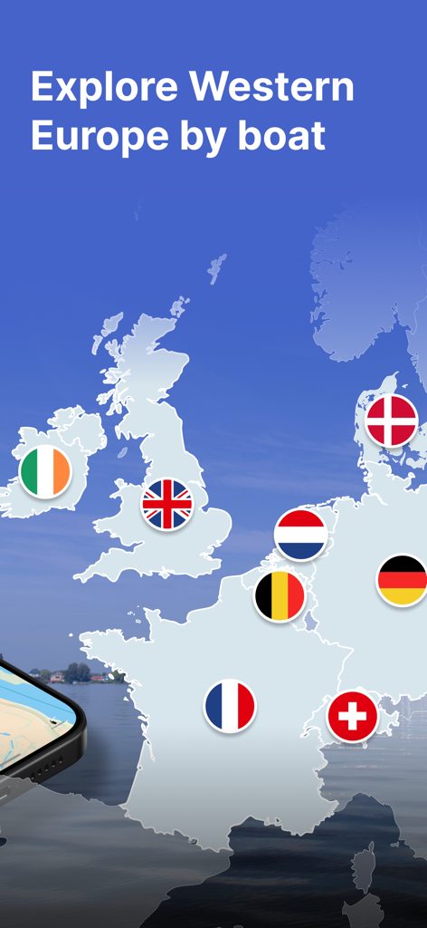 Eine Karte von Westeuropa, die die nautische Abdeckung von Ländern wie Großbritannien, Frankreich und Deutschland in einer Bootsnavigations-App hervorhebt.