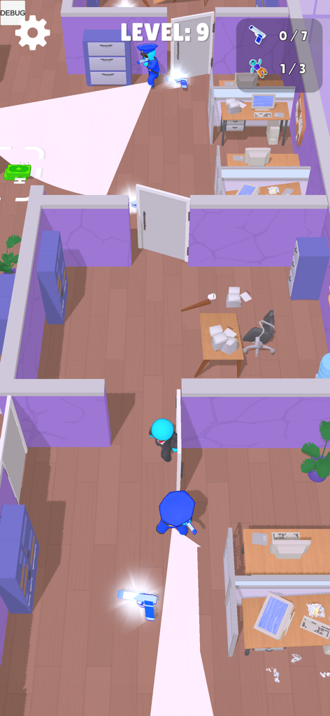 Top down gameplay of Murder Cleaner showing a character avoiding security guard searchlights in an office crime scene
