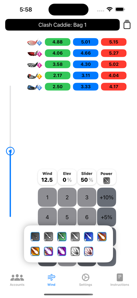 Clash Caddie - Interfaz de Clash Caddie mostrando estadísticas de cálculo de viento y ajustes de bolsa de palos para Golf Clash
