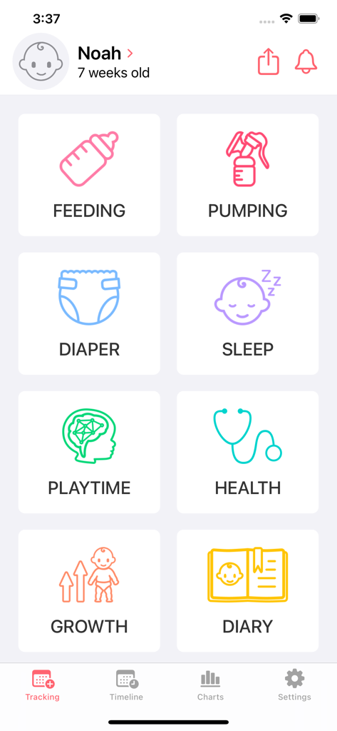 Newborn Tracker Baby App adamo - Adamoベビートラッカーアプリのダッシュボード画面。授乳、搾乳、おむつ、睡眠、遊び時間、健康、成長、日記のカテゴリが表示されています。