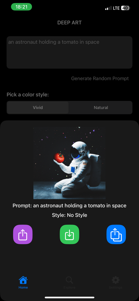 DeepArt - Generate Ai Photos - Interfaz de la aplicación DeepArt mostrando una imagen generada por IA de un astronauta sosteniendo un tomate en el espacio con la configuración de indicaciones y estilos
