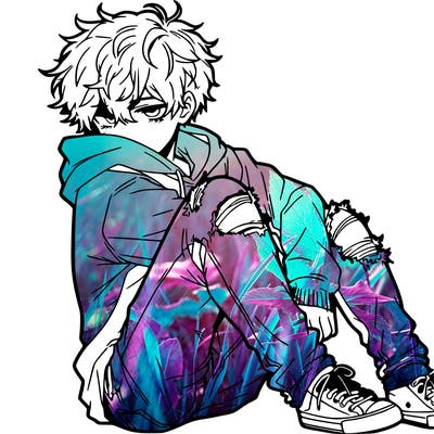 a male hoddie ripped jeans messy hair anime