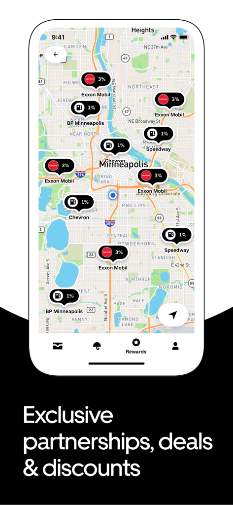 Uber Pro Card app map interface showing gas station rewards and cashback discounts for drivers