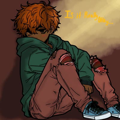 a male hoddie ripped jeans messy hair anime