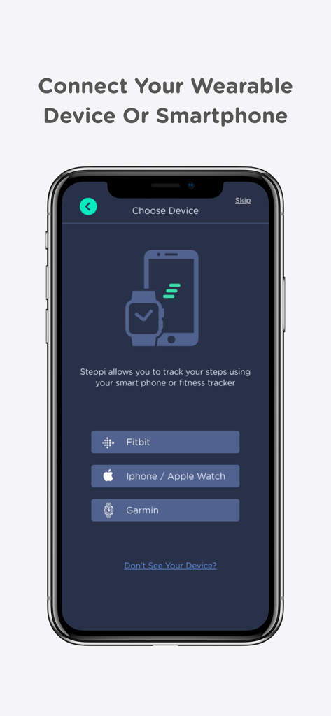 STEPPI - STEPPI app screen for choosing a wearable device or smartphone to sync steps including Fitbit Apple Watch and Garmin