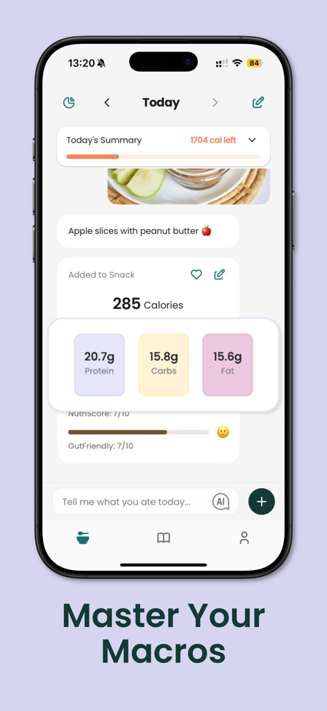 aqron: AI Calorie Counter - Dashboard of aqron AI Calorie Counter showing macro breakdown and nutritional scores for a snack.