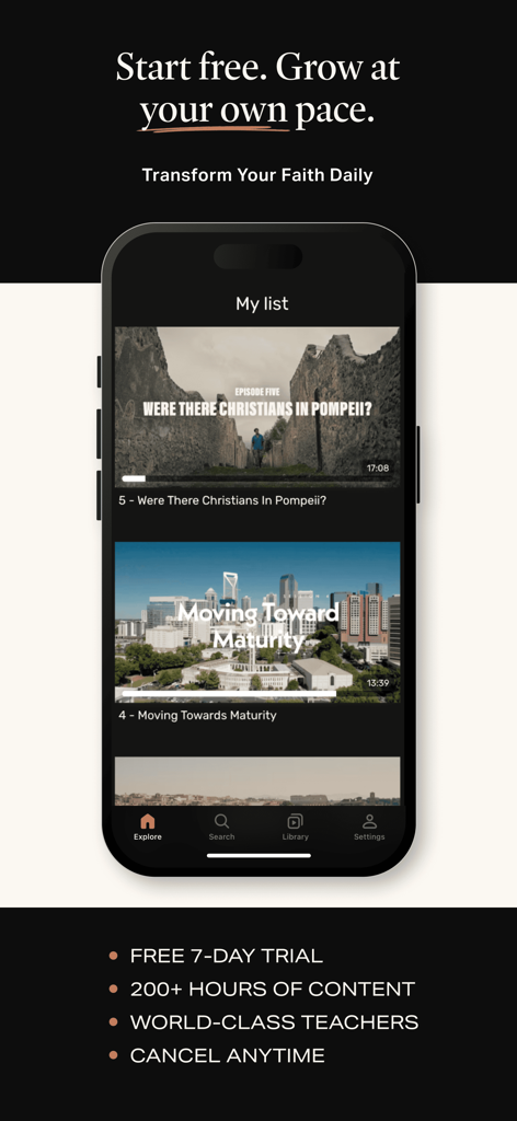 QAVA - Oberfläche der christlichen QAVA Streaming-App, die Videoserien und Abonnementvorteile anzeigt