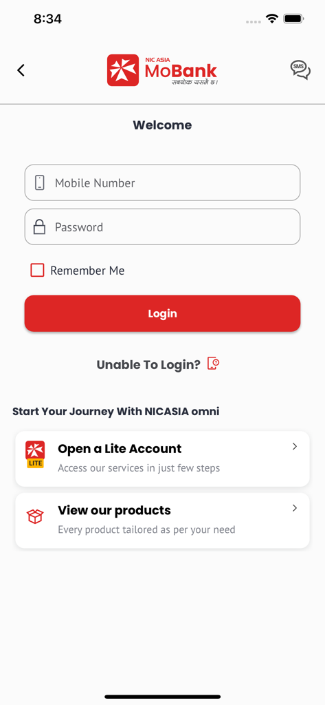 Login screen for the NIC ASIA MoBank app showing mobile number and password input fields