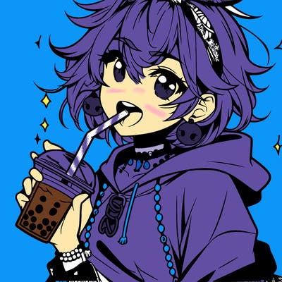 hot baddie anime girl drinking boba and biting the straw