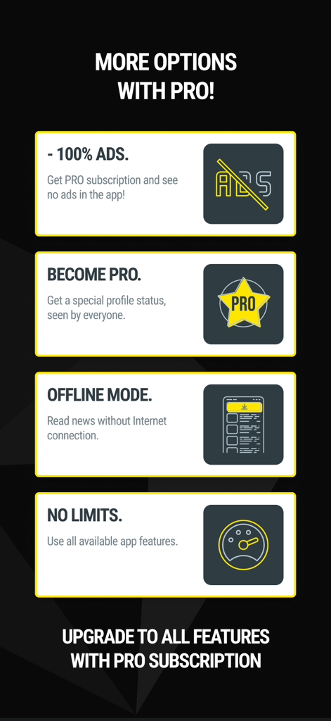 A list of premium features for the Crypto News Pro subscription including ad removal, special profile status, offline mode, and unlimited access.