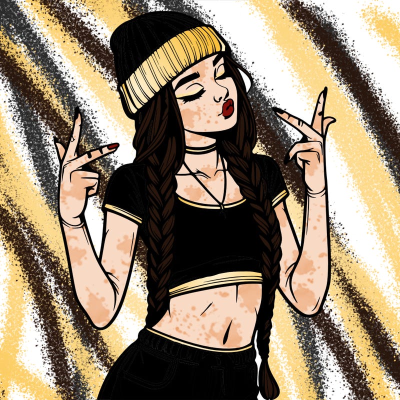 realistic teenage girl with braids and a beanie and crop top doing 🫶🏼