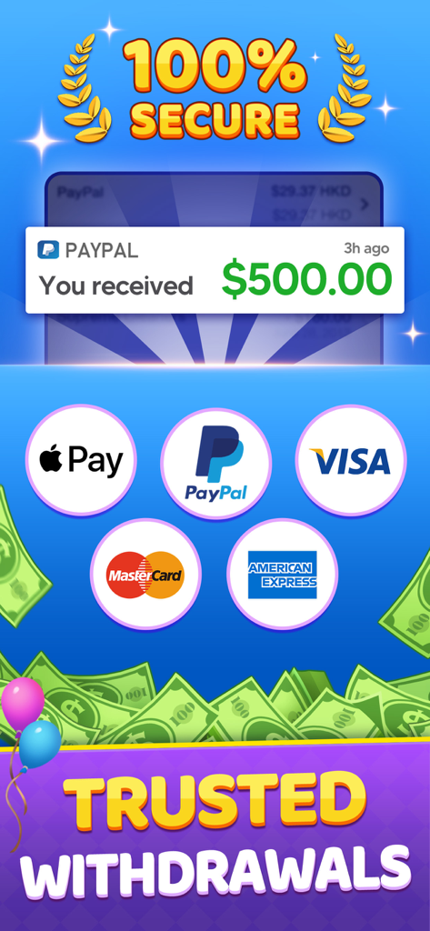 Bingo 2026 Clash - Bingo 2026 Clash app interface showing secure withdrawal options like PayPal Apple Pay Visa and Mastercard with a five hundred dollar payout notification