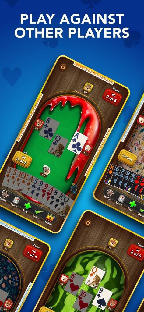 Spades the Card Game - Un collage que muestra la jugabilidad multijugador de Spades con temas de mesa personalizables y avatares de jugadores.