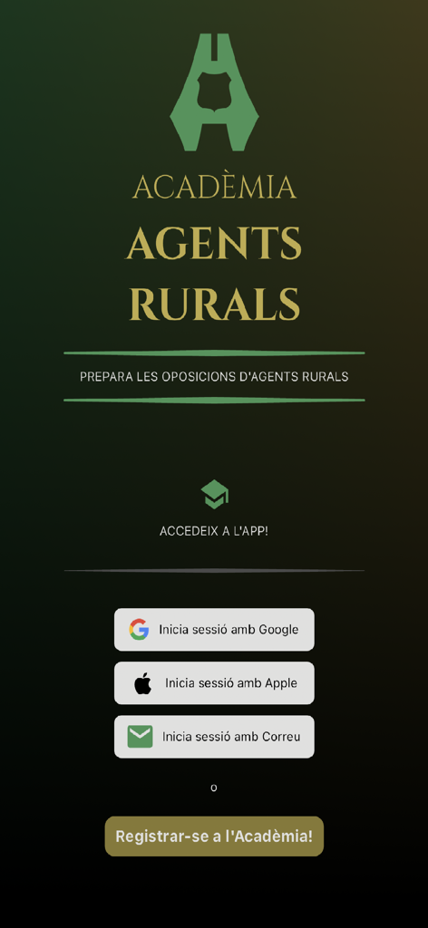 Tela de login e registro do aplicativo Academia Agentes Rurais com botões de login social