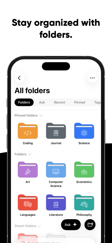 Brain Dump: Notes & Writing - A minimalist iPhone interface showing the Brain Dump app's folder organization system with colorful icons for various academic and personal categories