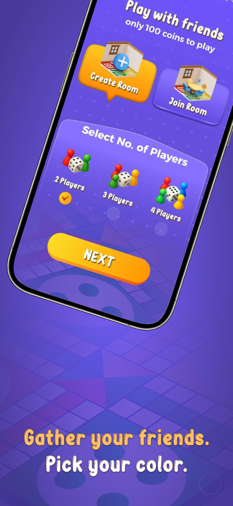 Ludo Voice - Pantalla de la aplicación Ludo Voice que muestra opciones para crear una sala privada y seleccionar el número de jugadores.