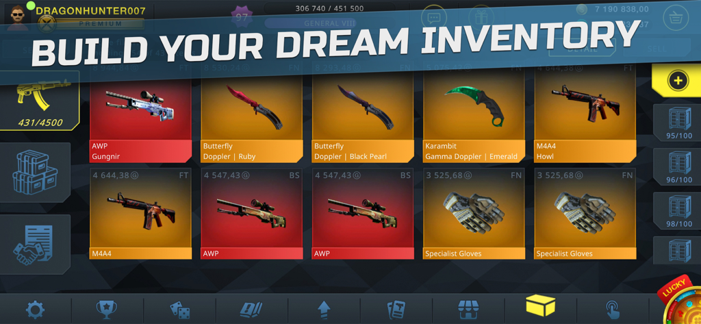 Eine Sammlung seltener Waffen-Skins und Messer, angezeigt im Inventarbildschirm von Case Chase Clicker