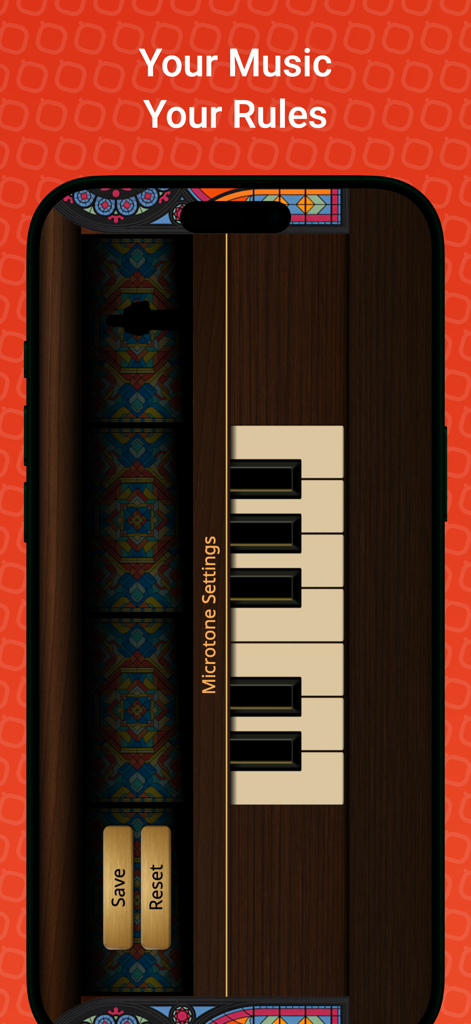 Pipe Organ - Interfaz de la aplicación Órgano de Tubos que muestra ajustes de afinación microtonal con un teclado vertical y diseño de madera