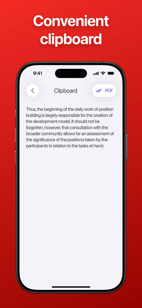 クリップボードにテキストが表示され、PDFファイルに変換するボタンが表示されているモバイルアプリインターフェース