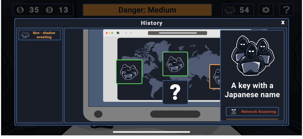 Hacker Simulator. Hacking Game - Interfaz del juego Hacker Simulator con un mapa del mundo con iconos de hacker y detalles de la misión