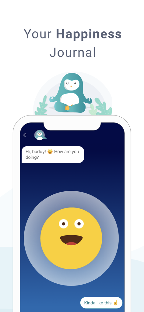Wysa: Mental Wellbeing AI - Wysa app chat interface featuring the penguin mascot and a happiness journal prompt