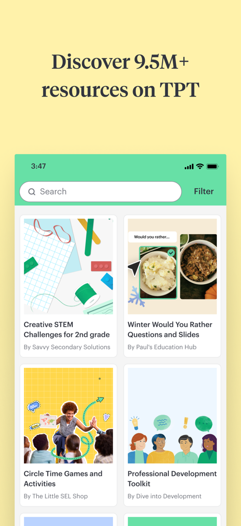 Captura de tela do aplicativo TPT mostrando uma interface de pesquisa com vários recursos para professores, incluindo desafios de STEM e atividades de roda de conversa