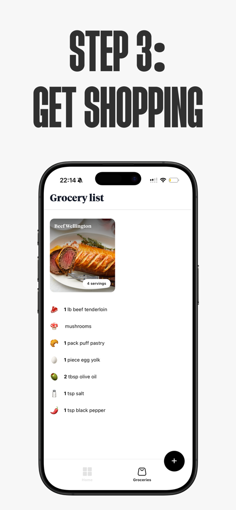 ReciBox - Picture to Recipe - Aplicación móvil ReciBox que muestra una lista de compras para una receta de Wellington de ternera con medidas precisas de los ingredientes