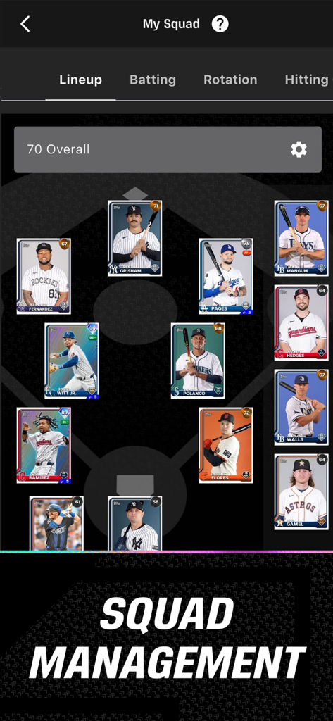 Squad management screen in the MLB The Show Companion App featuring a baseball diamond lineup of player cards