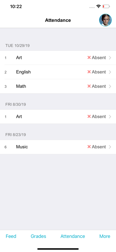 TeacherEase - Parents/Students - TeacherEaseの出欠画面に日付と科目ごとの生徒の欠席リストが表示されている
