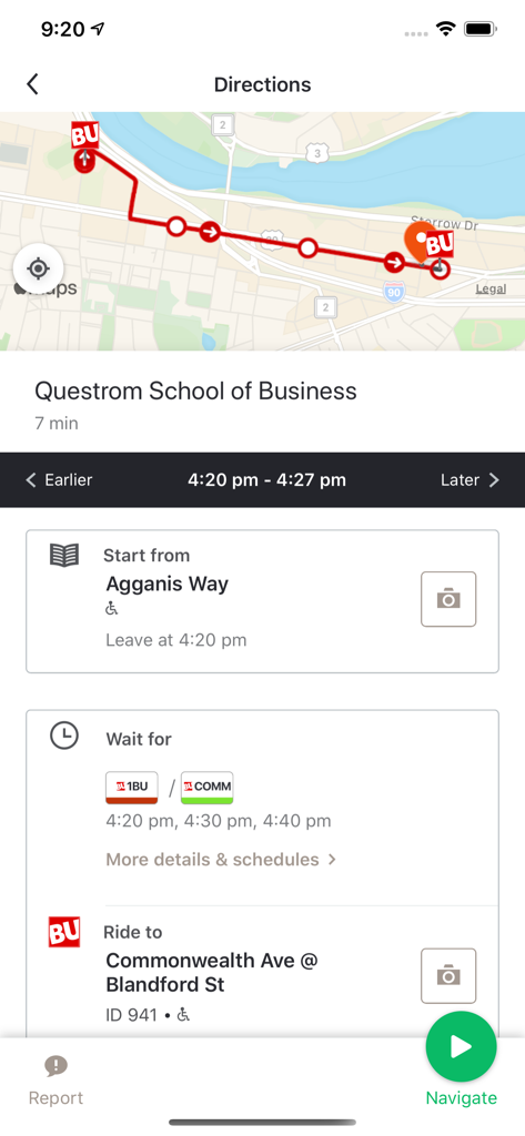 Directions screen in the Terrier Transit app showing a 7 minute bus route to the Questrom School of Business
