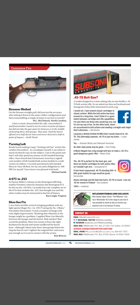 Rifleshooter - Eine digitale Magazinseite aus der Rifleshooter-App mit technischen Gewehrartikeln, Leserkommentaren und Ausrüstungsbewertungen.