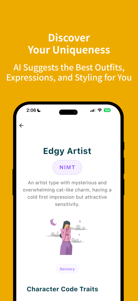 A personality result screen from the 16CharacterCodes app featuring the Edgy Artist profile with style and styling suggestions.