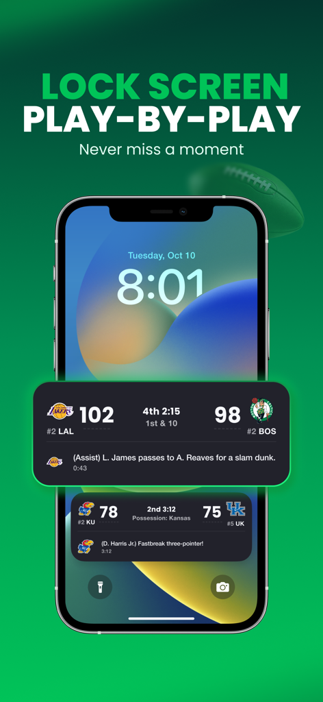 iPhone lock screen showing live sports scores and play by play updates from the Action Network app