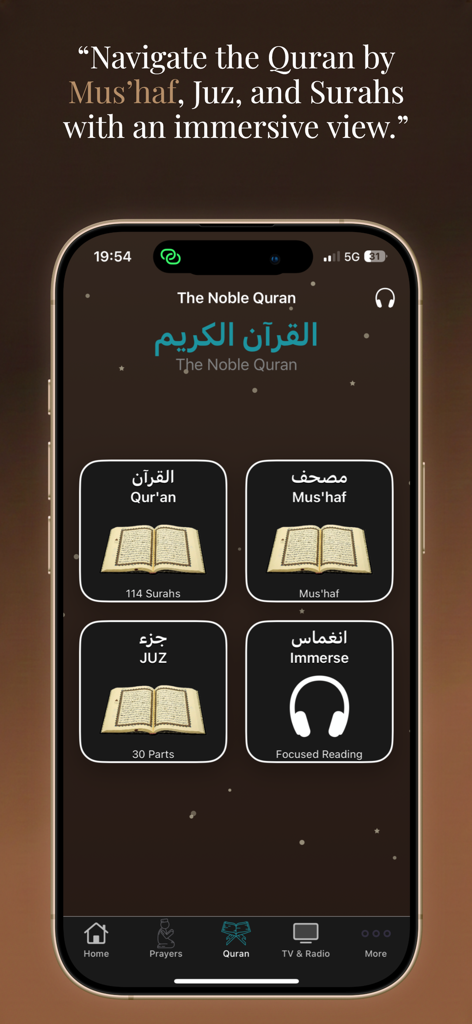 Screenshot of the Quran Daily app showing navigation options for Quran Mus'haf Juz and focused reading mode