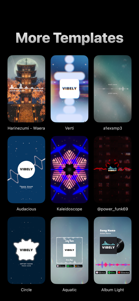 A collection of creative video templates for music visualization in the Vibely app
