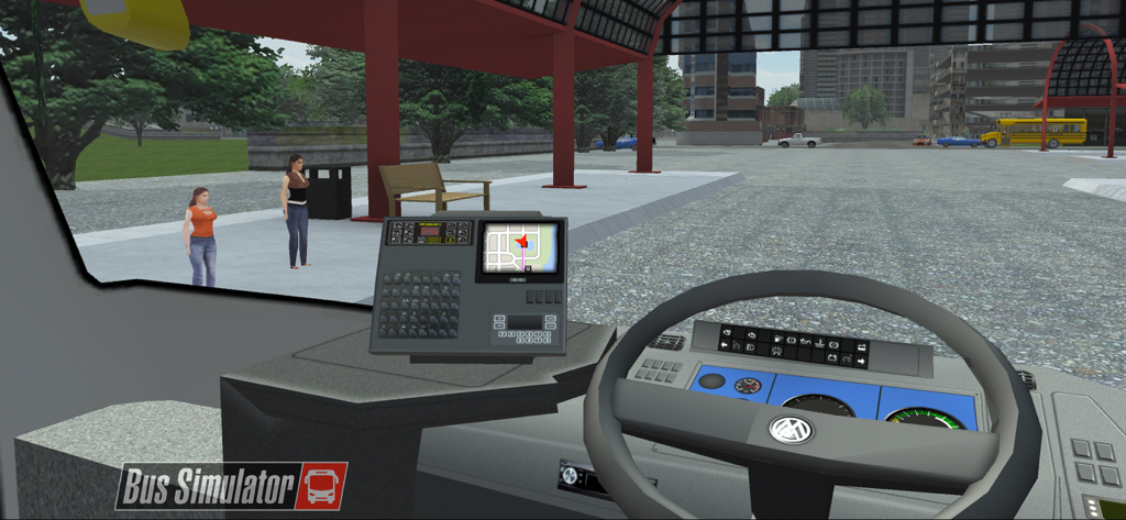 BUSTOP Bus Simulator 2026 - First person view from a bus cockpit showing the dashboard and passengers at a stop