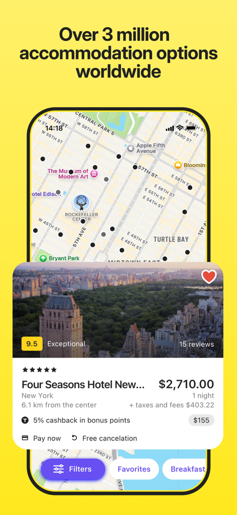 OneTwoTrip Flights and Hotels - OneTwoTrip mobile App zeigt eine Karte von New York City mit Hotelstandorten und einer detaillierten Preiskarte für das Four Seasons Hotel.