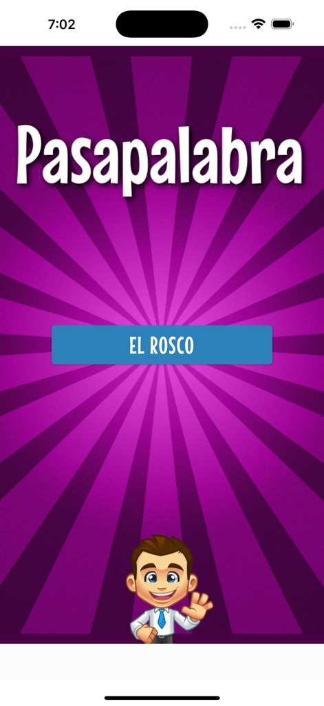 Menú principal de la aplicación de trivia Pasapalabra con el botón del modo de juego El Rosco y un personaje anfitrión animado