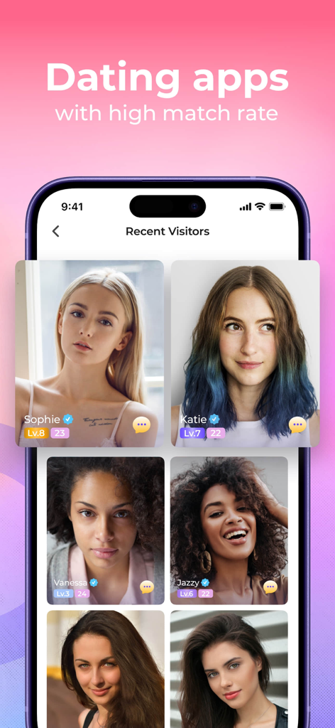 Meete dating app interface showing a list of recent visitor profiles with high match rates