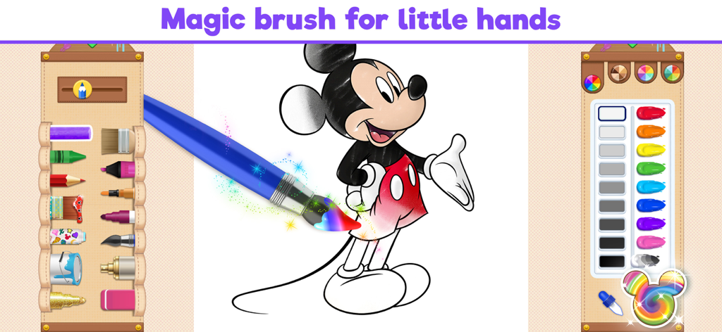 Mickey Mouse being colored with a sparkling magic brush in the Disney Coloring World app