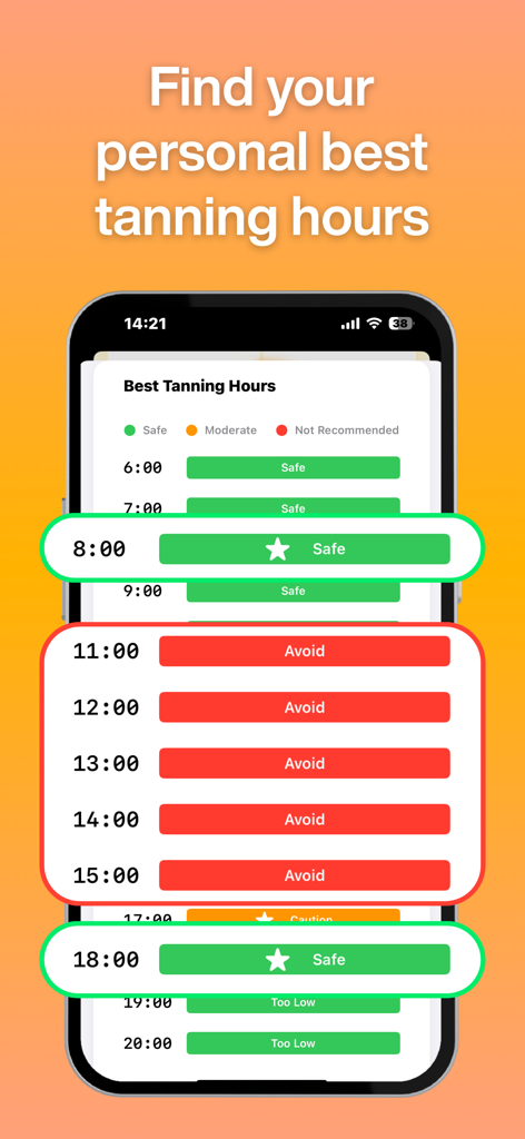 Sundex app interface displaying a personalized schedule for safe tanning hours with color coded safety indicators
