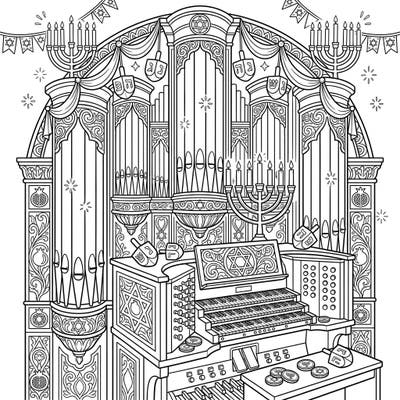 Immerse yourself in the holiday spirit with this unique Hanukkah pipe organ coloring page. Discover a beautifully detailed instrument adorned with festive Jewish symbols, perfect for creative minds.