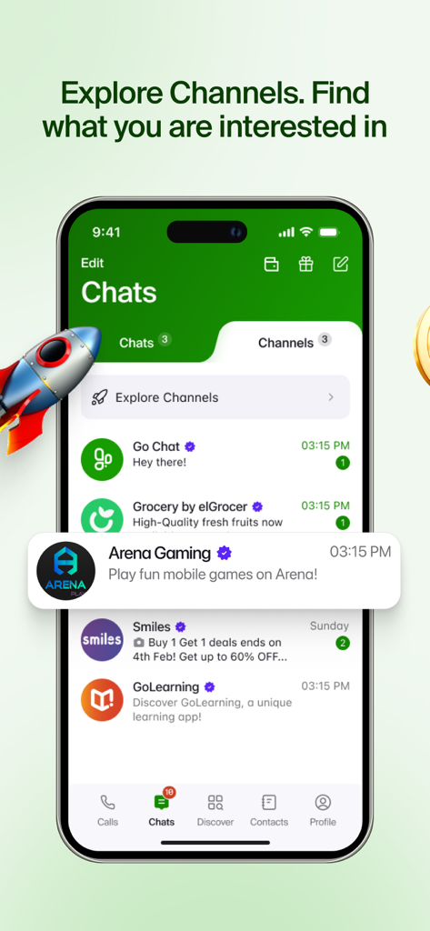 GoChat Messenger - Pantalla de la aplicación GoChat Messenger mostrando la sección de explorar canales para contenido de noticias, juegos y estilo de vida.