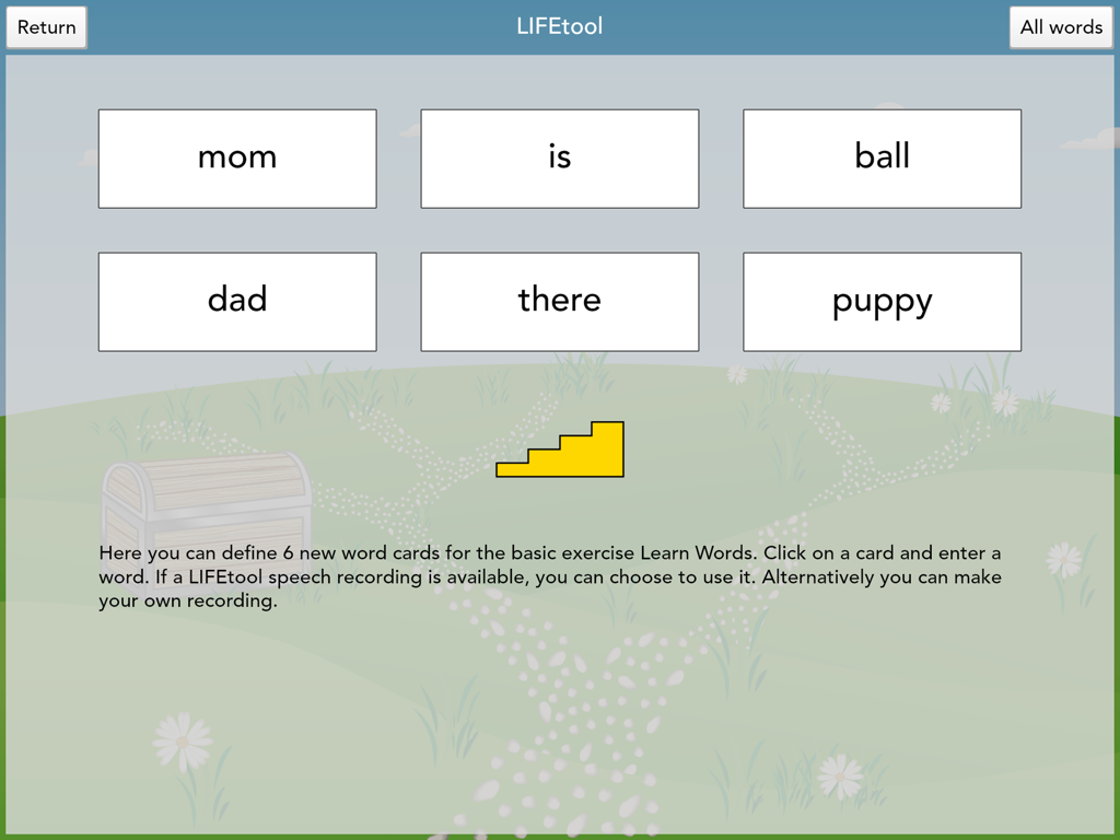 FlashWords AAC - Interface of FlashWords AAC showing six custom word cards for mom, dad, ball, and puppy with options to record audio