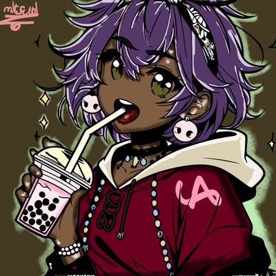 hot baddie anime girl drinking boba and biting the straw