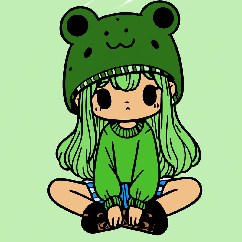 a girl wearing a frog hat and some frog socks