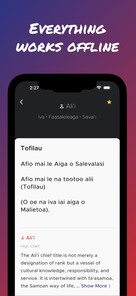 Captura de tela do aplicativo Faalupega mostrando títulos honoríficos samoanos e funcionalidade offline