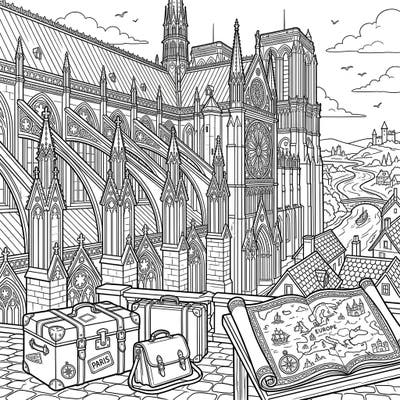 Explore the grandeur of Gothic architecture combined with the thrill of travel in this unique coloring page. Featuring majestic flying buttresses and charming vacation elements, it's a perfect blend for adventurers and art enthusiasts.