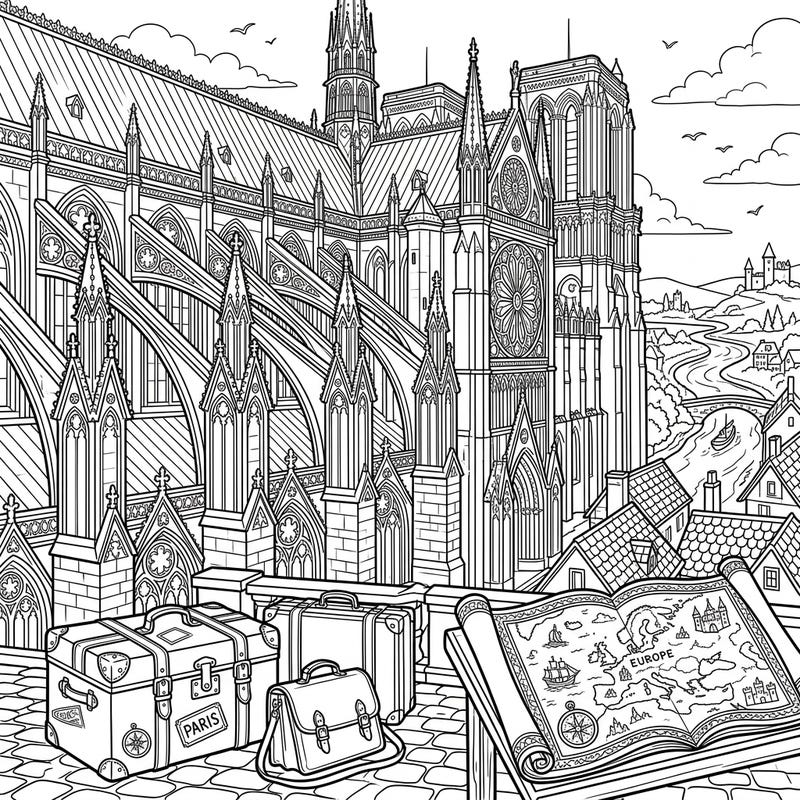 Explore the grandeur of Gothic architecture combined with the thrill of travel in this unique coloring page. Featuring majestic flying buttresses and charming vacation elements, it's a perfect blend for adventurers and art enthusiasts.