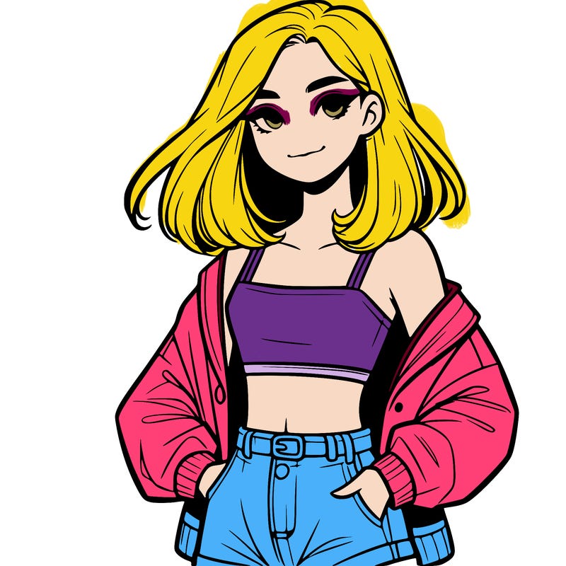 a realistic girl with a crop top and short shorts in an open jacket